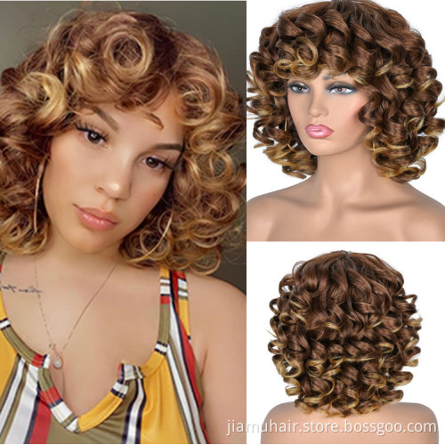 Ombre Color Short Hair Afro Curly Wig With Bangs Loose Synthetic Cosplay Fluffy Shoulder Length Natural Wigs